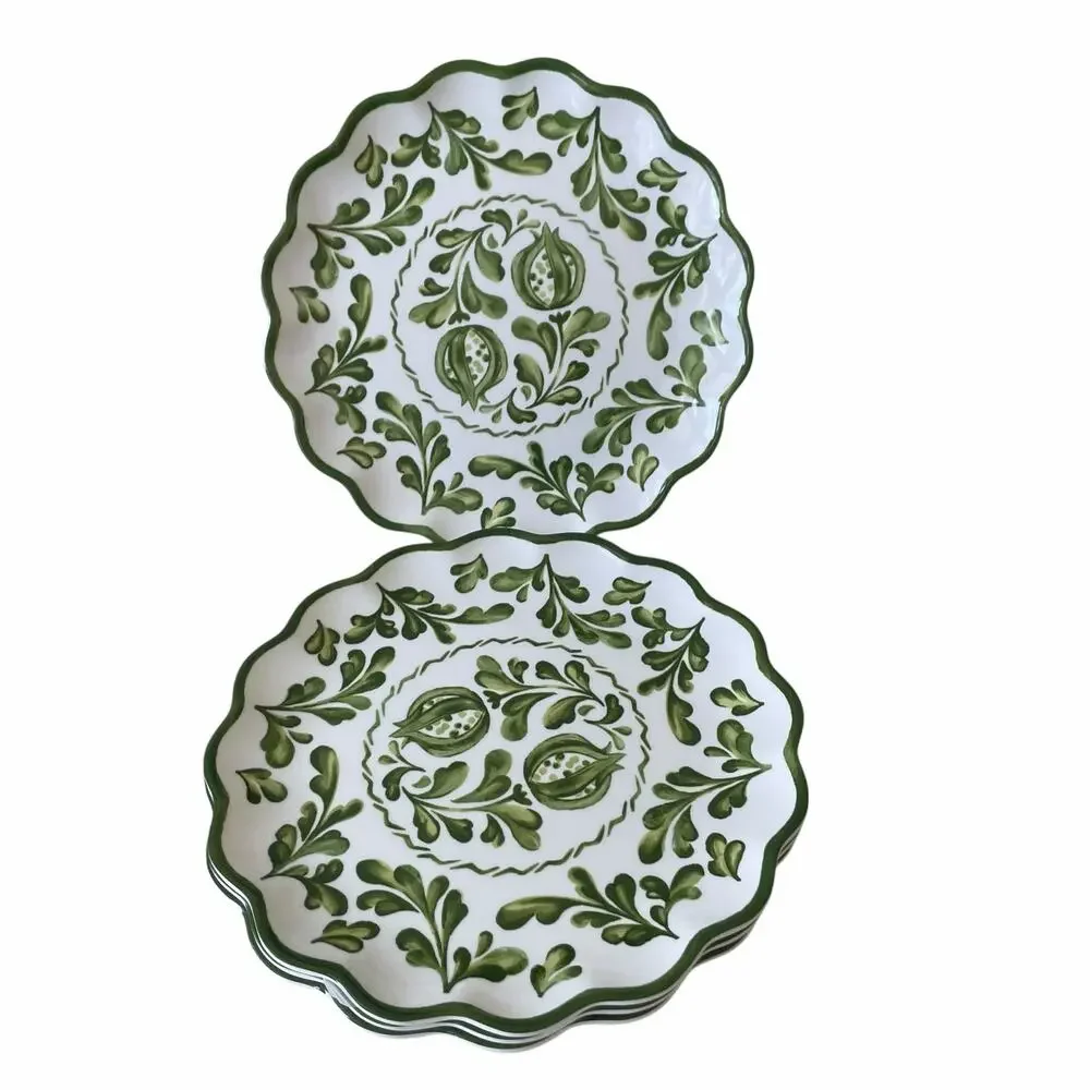 Shabby Chic Green Floral Melamine Dinner Plates 11in Set of 4 Indoor Outdoor NEW